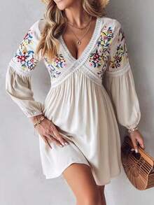 Scacto Fashion V-Neck Lace Trim Long Sleeve Casual Vacation Dress For Women - Màu be - Xem 1