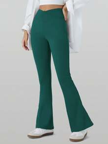 RUNONWHEELS 5 High Waist Flared Pants Daily Fitness Sports Leggings, Women Butt Lifting Yoga Leggings,Women's High-Waisted Cross Design Flared Leggings Suitable - 墨綠色 - 查看 7