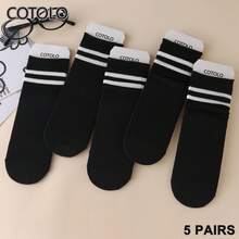 COTOLO 5 pares de calcetines hasta la pantorrilla para mujer, algodón transpirable adecuado para todas las estaciones, que absorbe el sudor y es adecuado para deportes, estilo moderno y simple, una variedad de colores disponibles (negro, blanco, rosa), cómodos y duraderos, un artículo imprescindible para uso diario - Negro - Ver 1