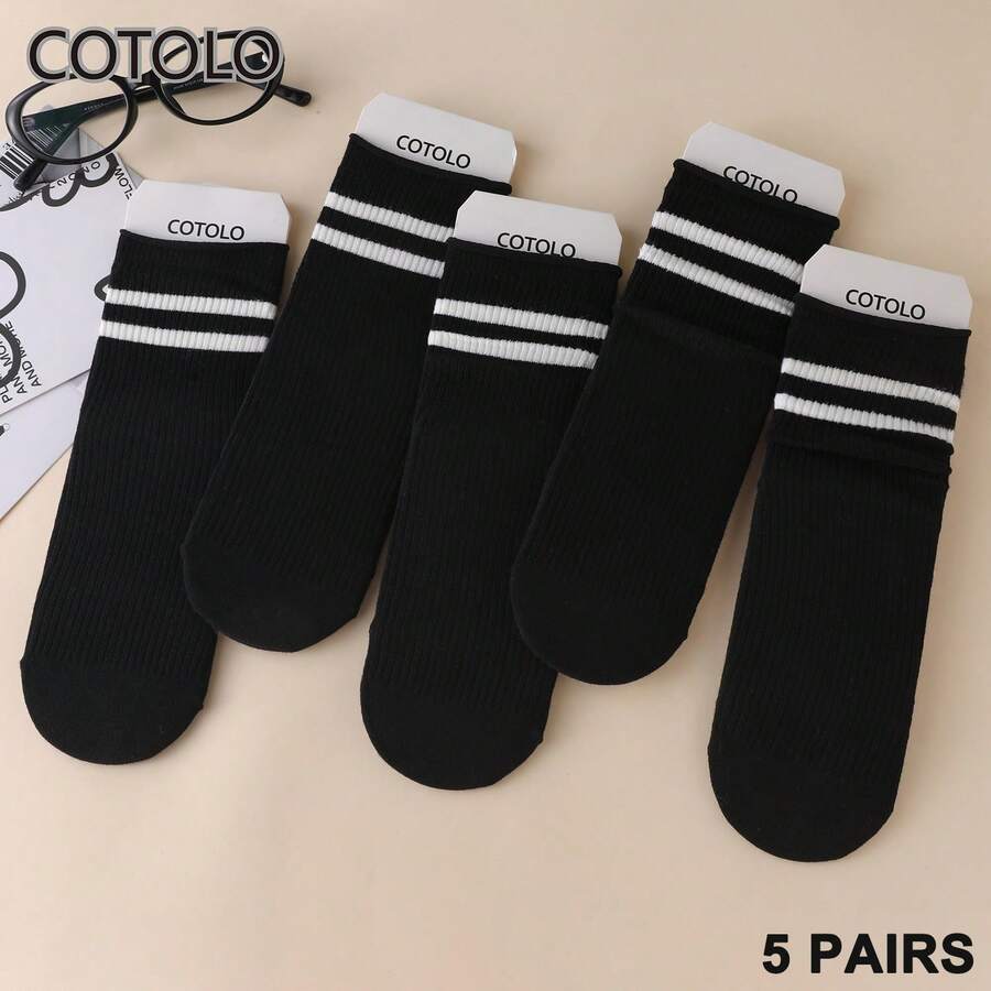 COTOLO 5 pares de calcetines hasta la pantorrilla para mujer, algodón transpirable adecuado para todas las estaciones, que absorbe el sudor y es adecuado para deportes, estilo moderno y simple, una variedad de colores disponibles (negro, blanco, rosa), cómodos y duraderos, un artículo imprescindible para uso diario - Negro - Ver 1