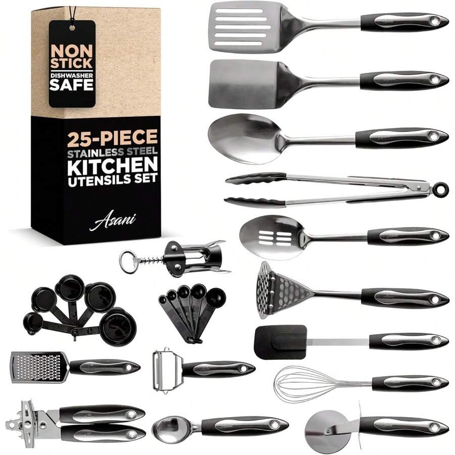 Local Delivery-Asani 25-Piece Stainless Steel Kitchen Utensil Set | Non-Stick Cooking Gadgets And Tools Kit | Durable Dishwasher-Safe Cookware Set | Kitchenware Gift Idea, Best New Apartment Essentials - default - View 1