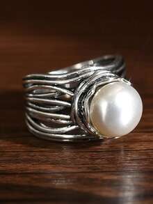 1 Stück böhmischer vintage silberner Kunstperlen Damen Verlobungsring für den täglichen Gebrauch - Antiksilber - Übersicht 2