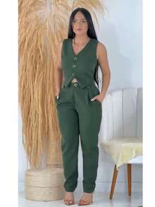 Women's Formal Skinny Pants Tailoring Set - Green - View 2