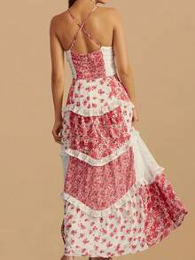 Summer Dresses For Women Boho Y2K Floral Maxi Dress Cute Lace Patchwork Ruffle Flowy Long Dress Sexy Spaghetti Strap Deep V Neck Backless Dresses Low Cut Beach Vacation Sundress - Đỏ - Xem 4
