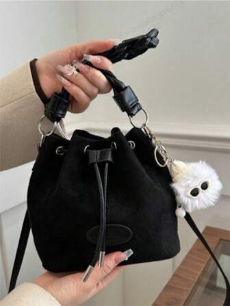 女士抽绳包迷你单肩包水桶包菱形格日常户外包