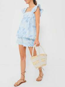 Women Cute 2 Pieces Set Ruffle Trim Cami Top Floral Print Wide Leg Shorts Outfit Summer Vacation Pajamas Outfit - 藍色 - 查看 4