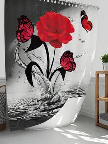 1pc/4pcs Red Falling Rose Flower Shower Curtain Decoration, Beautiful Housewarming Gift Modern Home Decoration, Waterproof Shower Curtain And Toilet Floor Mat Three Pieces Set Comes With 12 Shower Curtain Hooks Back To School - Multicolor - View 2
