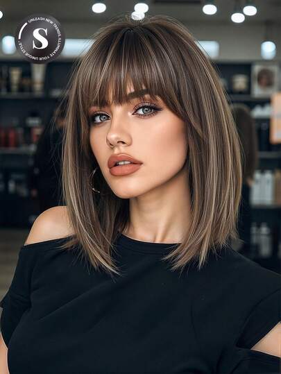 女士棕色渐变直刘海假发 - 耐热哑光纤维材质，配玫瑰网帽 - 春节、情人节、母亲节、生日等节日的完美礼物，适合日常和节日佩戴，是日常、假日旅行和节日美容必备的理想之选，也是万圣节和圣诞节的绝佳礼物。