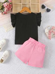 2pcs/Set Girls Cute Heart Graphic Round Neck Sleeveless Top + Shorts Summer Outdoor Casual Outfit