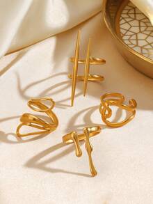 4pcs/Set Stainless Steel Minimalist 18K Gold Plated Geometric Line Design Open Rings, Suitable For Daily Wear For Women - Yellow Gold - View 4