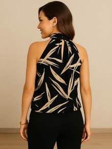 Women's High Neck Blouse With Elegant Print And Button - 黑色 - 查看 2