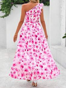 Women Summer Dress Floral One Shoulder Sleeveless Smocked Ruffle Flowy Long Dress With Pocket Boho Beach Vacation Holiday Wedding Guest Valentine Maxi Dress Outfits - 白色粉花 - 查看 2