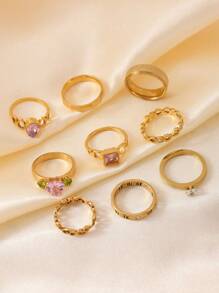 5/9pcs Fashionable & Elegant Stainless Steel Gold Rings Set, Includes Love Teardrop, Roman Numeral, Matte Diamond Elements, 18K Gold Plated, Suitable For Women's Daily Wear, Dates, Gifts, Weddings, Engagements