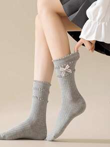1双/4双洛丽塔蝴蝶蕾丝边薄款中筒袜，甜美日系风格，秋季女士
