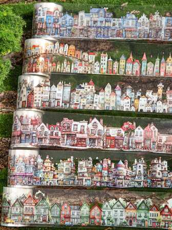 1pc Unique House Series Decorative Tape, PET Tape With 6 Designs For Home Landscape Theme Scrapbooking, Back To School