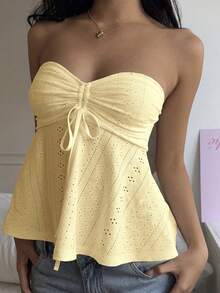 Women's Eyelet Slim Tube Tops Solid Color Tie Front Bandeau Ruched Cropped Tank Tops - Yellow - View 2