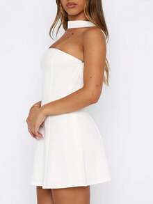 Women Graduation Dress With Neck Scarf Strapless Backless Ruffle Mini Tube Dress Y2k Grad Party A-Line Short Dresses - White - View 2