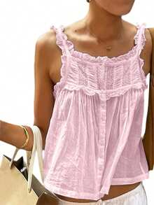 Women Summer Tank Tops Casual Lace Patchwork Buttons Sleeveless Shirt Basic Vest Aesthetic Clothes for Streetwear - Rosa - Ver 6
