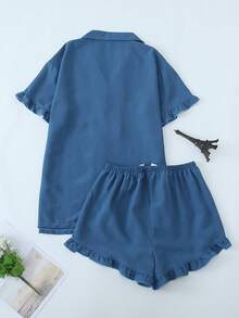 [Dreamery]1pc Women Solid Color Bubble Ruffle V-Neck Short Sleeve Shorts Pajama Set - Blue - View 6