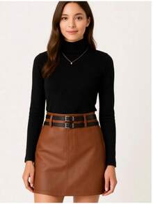 Kit 1 Bodysuit 1 Casual Knitted Leather Skirt With Belt - 駝色 - 查看 2