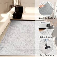 Boho Vintage Area Rug - Washable Faux Wool Low Pile Carpet | Non-Slip & Non-Shedding Indoor Rug For Living Room, Bedroom, Kids Room & Home Office - Grey - View 4