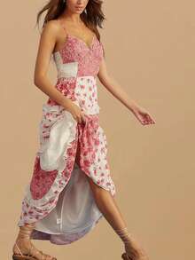 Summer Dresses For Women Boho Y2K Floral Maxi Dress Cute Lace Patchwork Ruffle Flowy Long Dress Sexy Spaghetti Strap Deep V Neck Backless Dresses Low Cut Beach Vacation Sundress - Đỏ - Xem 2