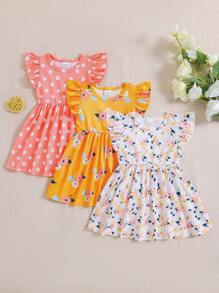 3pcs/Set Baby Girl Summer Cap Sleeve Tiny Ditsy Floral All Over Print Sweet Holiday Style Dress Set