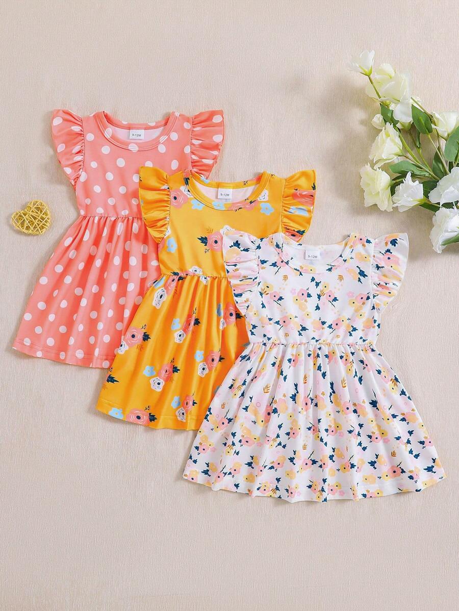 3pcs/Set Baby Girl Summer Cap Sleeve Tiny Ditsy Floral All Over Print Sweet Holiday Style Dress Set