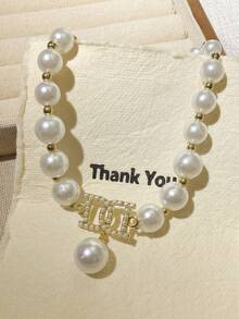 1 Set Elegante Collar con Dije de Letra de Perla Falsa y Aretes, Joyería Versátil y de Calidad de Moda para Mujer, Adecuada para Festivales y Uso Diario - Multicolor - Ver 9