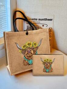 亚麻手提包、零钱包、个性化礼品包、卡通趣味多功能手提包、带黑色扣的黄色亚麻手提包、购物袋、化妆包、杂物收纳包、大容量、便携、时尚单品、大小包组合、适合生日、海滩、节日，是送给女性、老师、朋友、学生、返校、宰牲节的完美礼物