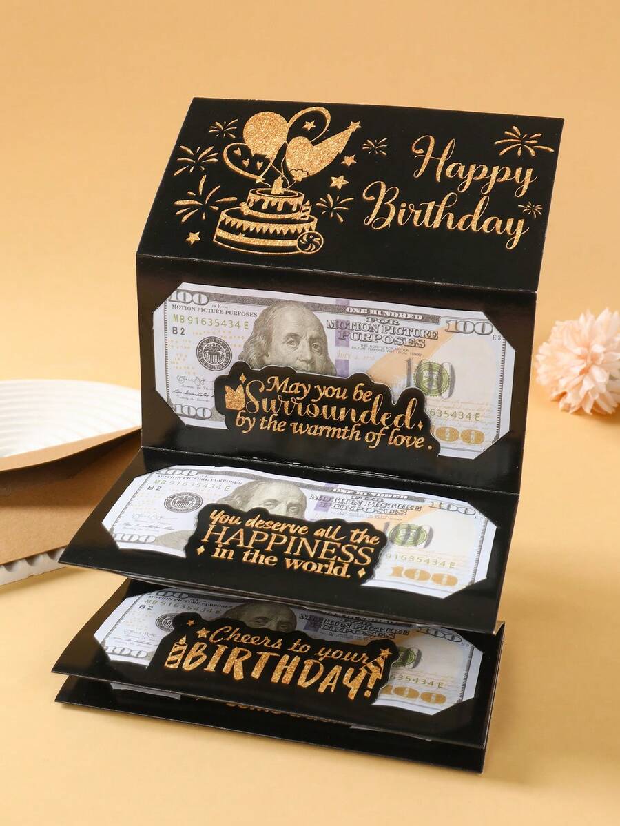 一套黑金生日快乐折叠钞票卡片及信封，黑金纸质折叠钞票卡片，生日派对惊喜现金礼物，周年纪念装饰折叠钞票卡片，生日庆祝现金装饰，生日派对装饰，生日快乐折叠钞票卡片及信封 - 趣味现金赠送方式，生日装饰，生日礼物，派对礼品