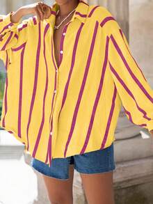 女士粉色条纹宽松上衣，优雅开衫上衣，适合通勤、时尚、日常、情人节外出、甜美风格、春夏季 - 黃紫條紋 - 查看 3