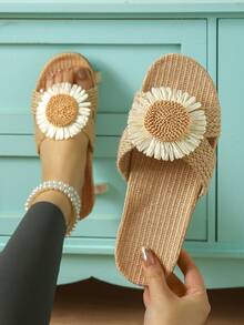 女士休闲平底拖鞋、夏季凉鞋、穆勒鞋、奢华一脚蹬圆头凉鞋 - 薑色 - 查看 4