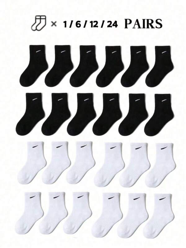 1 paar / 6 paar / 12 paar / 24 paar zwart-witte sokken met tailleband voor jongens en meisjes, geschikt voor tieners en school, comfortabel voor dagelijkse sporten, huidvriendelijk, ademend, geschikt voor alle seizoenen, eenvoudige en modieuze kindersokken