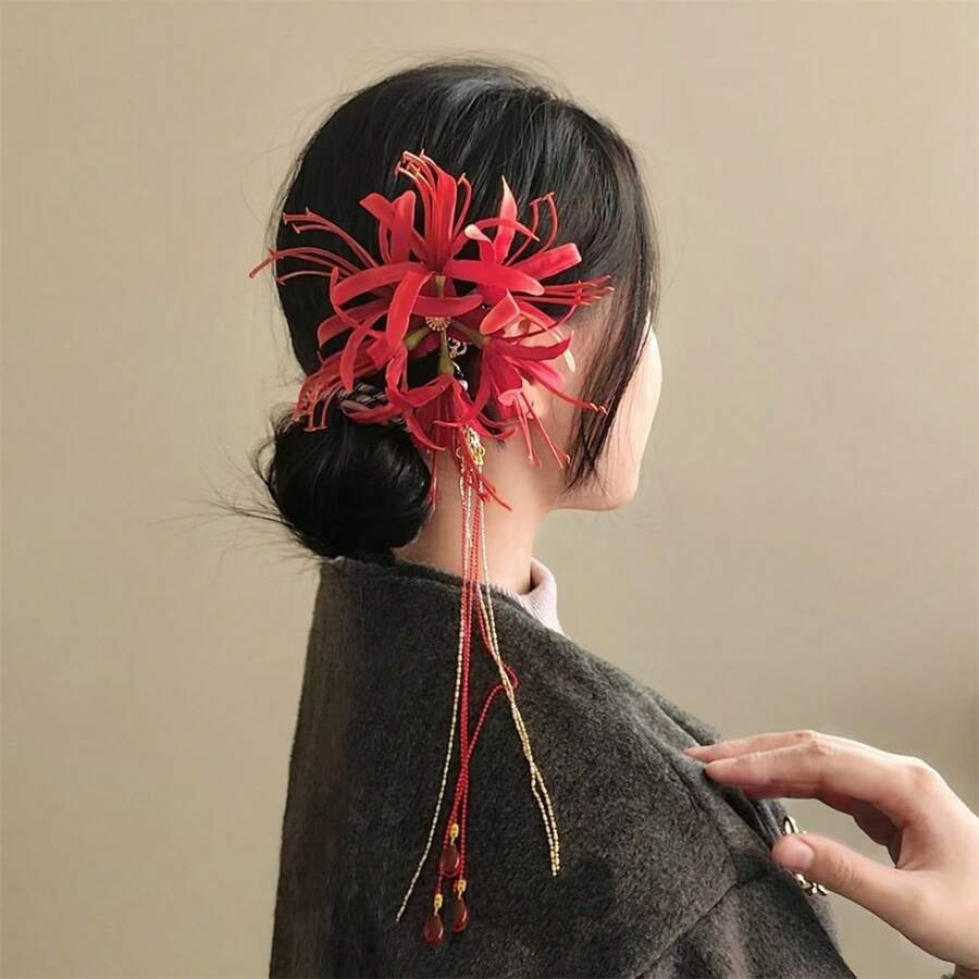 Horquillas con flores de lirio rojo para mujer, accesorios para el cabello elegantes con borlas para fiestas en la playa, bodas - Multicolor - Ver 1