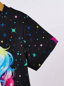 Girls' Summer Fashionable Cute Star & Unicorn Pattern Short Sleeve T-Shirt And Shorts Set, Suitable For Outdoor, Casual, Sports, Party