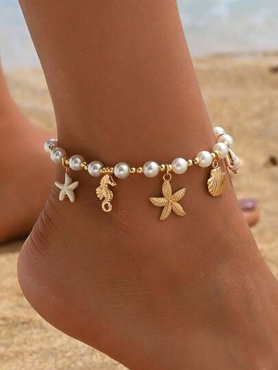 1pc Ocean-Themed Alloy Marine Life Tassel Pendant Anklet Set With Faux Pearls, Handmade Jewelry Suitable For Daily, Beach, Party, Dating, And Travel Wear
