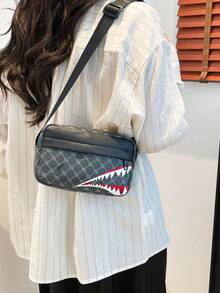 1 pezzo Borsa a tracolla casual da uomo con motivo geometrico stampato in PU nero liscio e zip, di design alla moda piccolo quadrato, borsa messenger con motivo a bocca di squalo aziendale