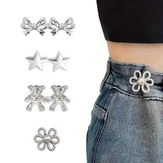 Juego de 8 piezas/4 pares de hebillas para cintura, cintas para pantalones con cremallera sin costuras, botón para pantalones vaqueros y cortinas, hebilla multifuncional para reducir la cintura - Herramienta de sastre profesional