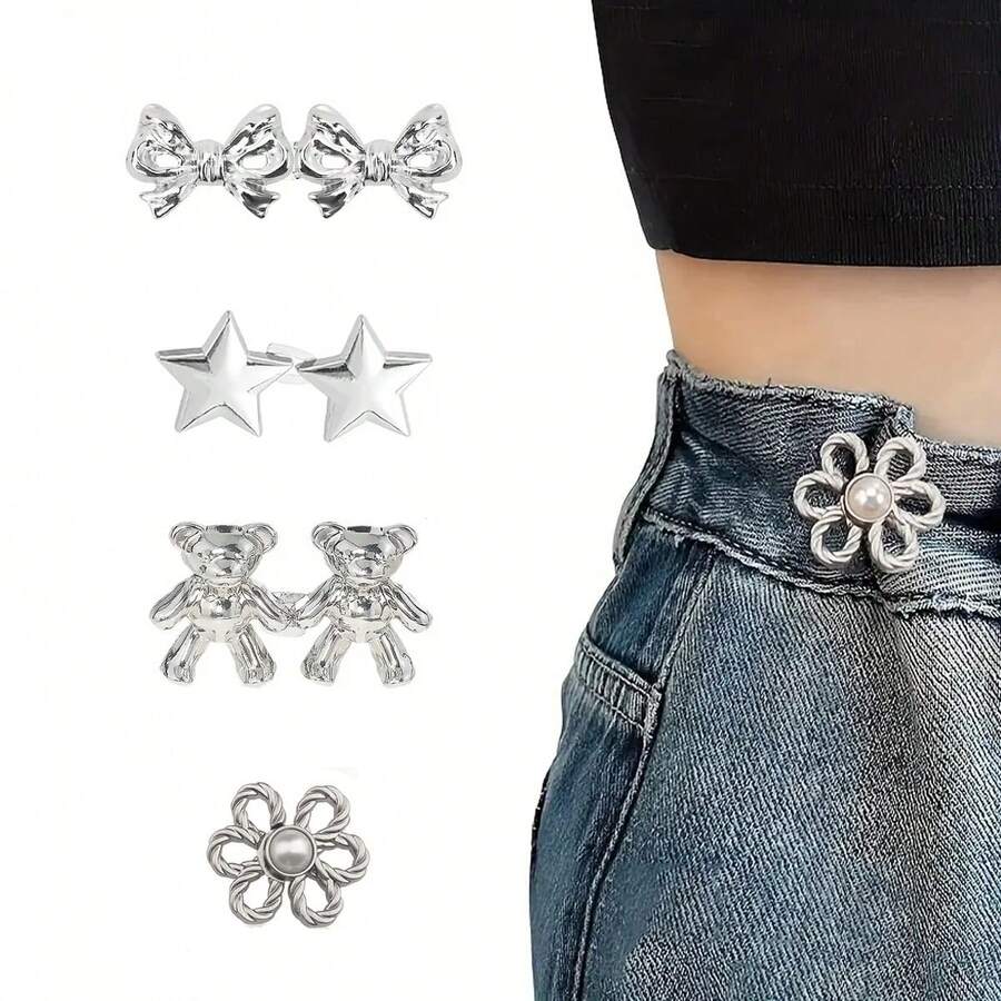8 件/4 对腰带扣套装，可拆卸无缝腰带紧固件 - 适用于牛仔裤和窗帘的腰部纽扣，多功能腰带扣，可减少腰围 - 专业裁缝工具 - 銀色 - 查看 1