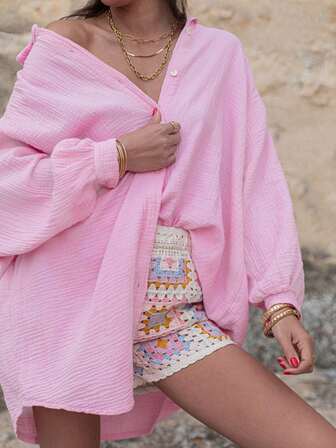 Women's Loose Bubble Mid-Long Sleeve Shirt Dress, Solid Color Suitable For Valentine's Day, Can Be Worn As Cardigan, Shirt Or Dress