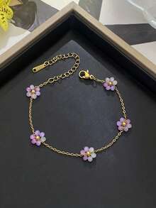 1pc Fashionable Delicate Twisted Faux Pearl Stainless Steel Bracelet With Pink Crystal Flower Handmade O-Link Chain Wristband, Suitable For Women, Spring/Summer/Autumn