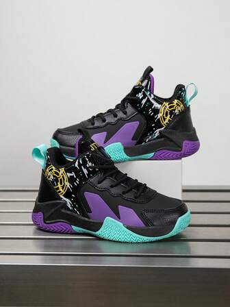 1 双儿童篮球运动鞋户外运动休闲鞋，防滑耐磨，时尚透气网眼拼接设计，适合 10 岁男孩和女孩，8-12 岁和 14 岁