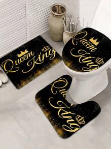 1/4 pièces Ensemble de salle de bain créatif Roi et Reine - Rideau de douche en polyester résistant à la chaleur, tapis de salle de bain, tapis de toilette en forme de U, couvercle de toilette avec 12 crochets - Style moderne, accessoires de salle de bain de haute qualité, faciles à nettoyer, convient à toutes les occasions Rentrée des classes