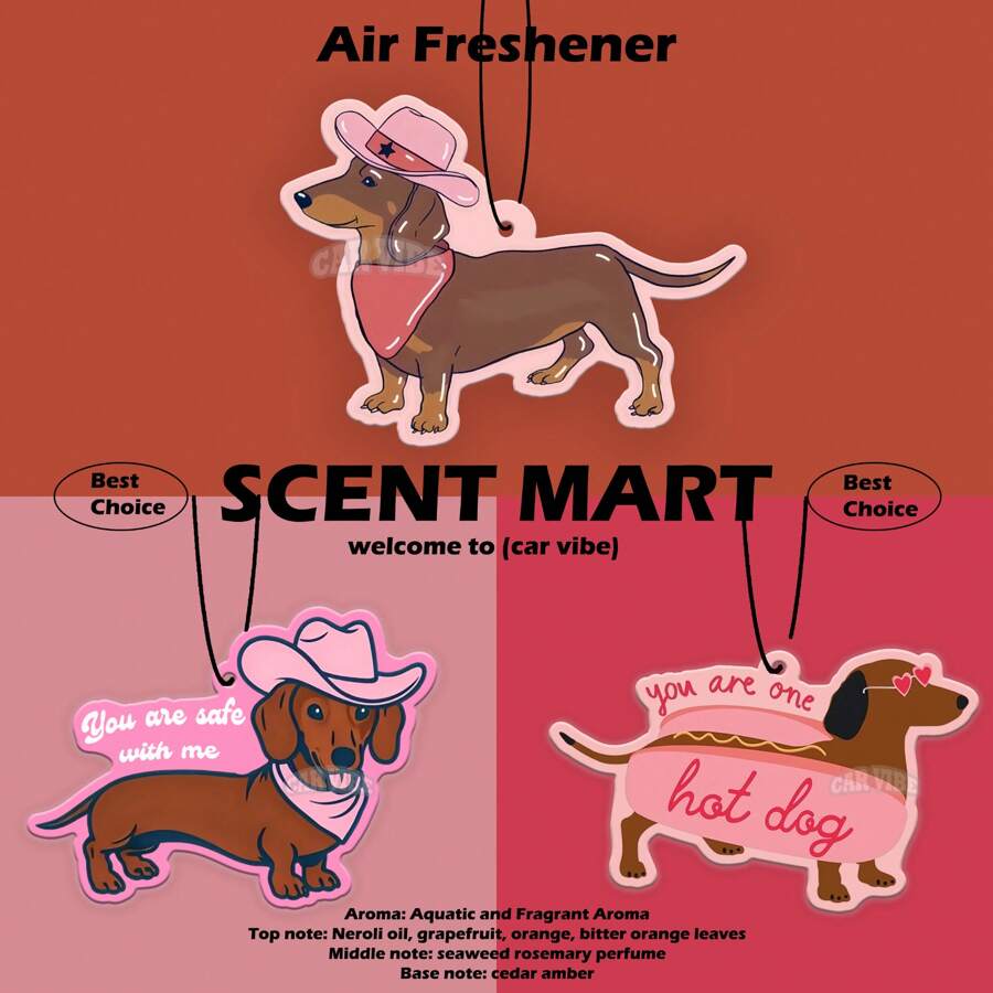Kawaii'wiener Dog,Dachshund &STRAWBERRY&CHERRY' Y2K Patterns Design , Car Air Freshener Pendant - Cartoon Anime Style For Rearview Mirror, Vent Clip, Home & Office Decor, Creative & Fun Design, Idea Gifts For Friend