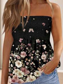 Women's Smocked Ruffle Tube Tops Floral Print Strapless Bandeau Tops Flowy Hem Shirts - Black - View 4