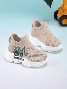 2025 New Cute Excavator Print Children & Teen Casual Fashionable Shock Absorbing Anti-Slip Breathable Lightweight Slip-On Outdoor/Indoor Walking Running Sports Sneakers