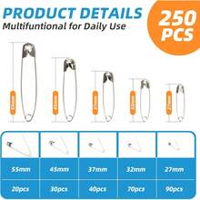 250 Pcs Assorted Size Safety Pins - Small & Large Safety Pins Clothes, Sewing Pin Kit Crafts Decors, Sewing Supplies Heavy Duty, Silver