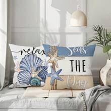 4pcs Polyester Pillowcase Set, Featuring Vintage Farmhouse Style Ocean Starfish Design With Blue And Seashell Details, Zippered Closure, Machine Washable - Ideal For Decorating Porch, Patio, Sofa And Outdoor Spaces (Pillow Inserts Not Included)