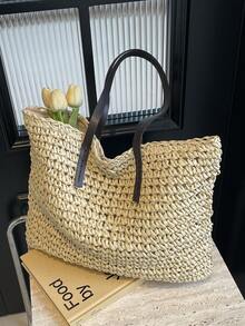 极简主义超大尺寸，适合度假旅行、夏季、度假的完美选择、假日、草编钱包、草编沙滩包、沙滩必需品、沙滩必需品、沙滩用品和夏季必需品、最适合海滩氛围的女士包、夏季度假包 - 米色 - 查看 6